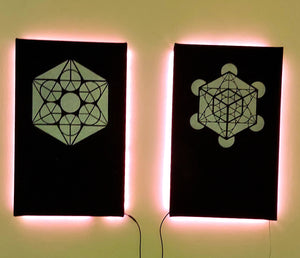 Dope Acoustic Panels, made with sound absorbing hemp . Metatron's cube with LEDs.