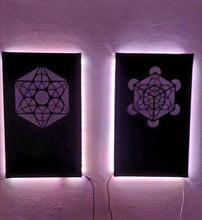 Load image into Gallery viewer, Dope Acoustic Panels, made with sound absorbing hemp . Metatron&#39;s cube with LEDs.
