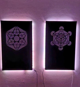 Dope Acoustic Panels, made with sound absorbing hemp . Metatron's cube with LEDs.