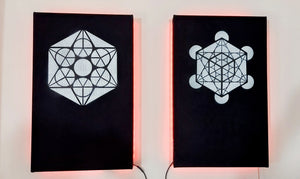 Dope Acoustic Panels, made with sound absorbing hemp . Metatron's cube with LEDs.
