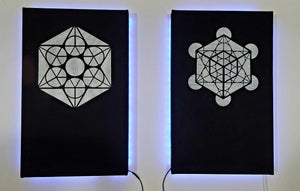 Dope Acoustic Panels, made with sound absorbing hemp . Metatron's cube with LEDs.