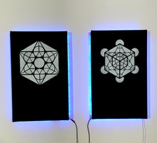 Load image into Gallery viewer, Dope Acoustic Panels, made with sound absorbing hemp . Metatron&#39;s cube with LEDs.
