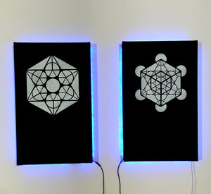 Dope Acoustic Panels, made with sound absorbing hemp . Metatron's cube with LEDs.