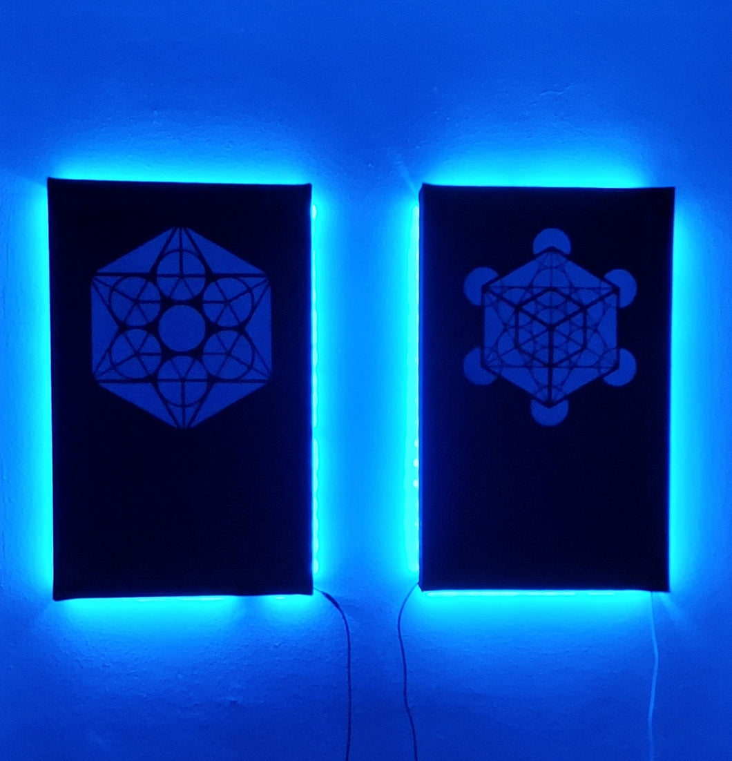 Dope Acoustic Panels, made with sound absorbing hemp . Metatron's cube with LEDs.